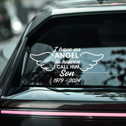 Blue Son Memorial Decal by Nostalgi Factory, 6-inch vinyl angel in heaven with customizable name and dates for cars.