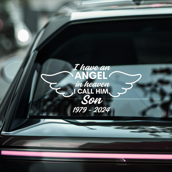 Blue Son Memorial Decal by Nostalgi Factory, 6-inch vinyl angel in heaven with customizable name and dates for cars.