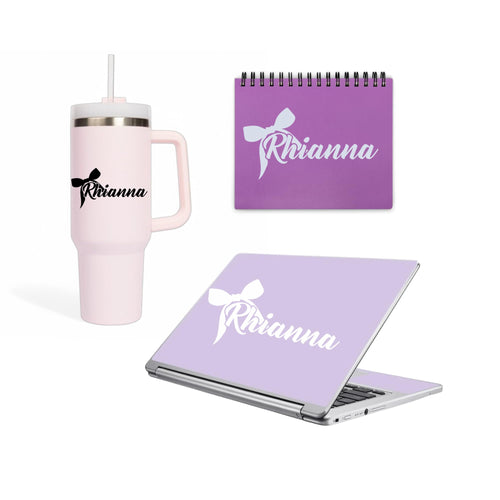 Colorful vinyl decal with a bow design and customizable name, suitable for tumblers, laptops, and notebooks by Nostalgi Factory.