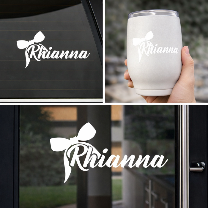 Colorful vinyl decal with a bow design for tumblers, laptops, and notebooks by Nostalgi Factory, customizable with your name.