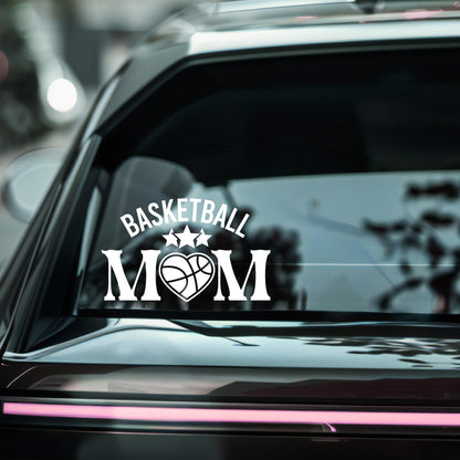 Basketball Mom car decal with heart and stars design, made of durable vinyl, available in multiple colors, by Nostalgi Factory.