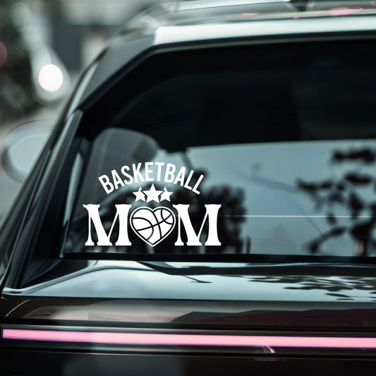 Basketball Mom car decal with heart and stars design, made of durable vinyl, available in multiple colors, by Nostalgi Factory.
