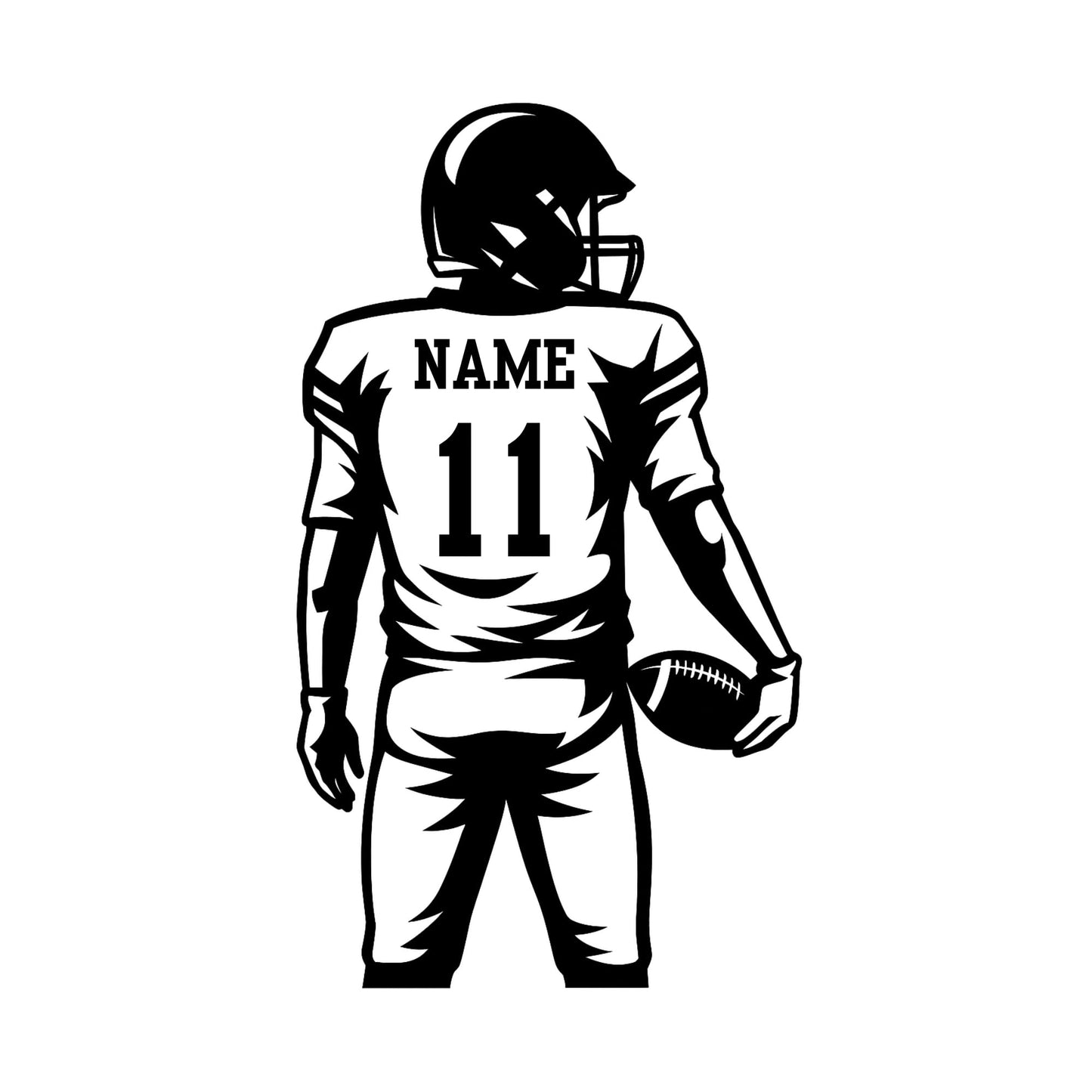 Custom football player vinyl car decal with personalized jersey number in multiple colors, ideal for car windows and surfaces.