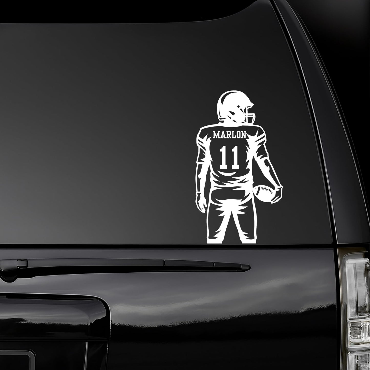Custom football player vinyl car decal showing a personalized jersey number in five color options, designed for vehicle windows.