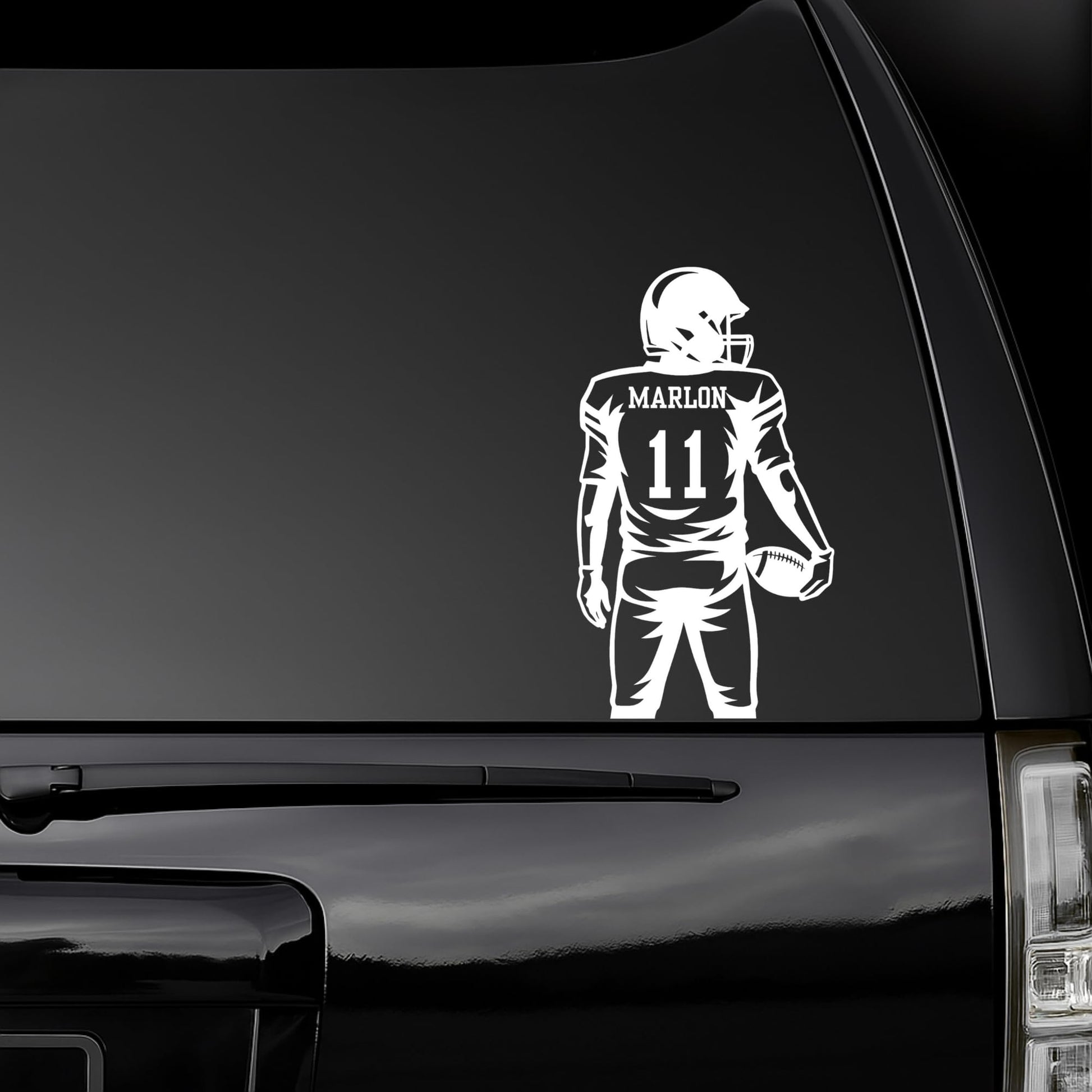 Custom football player vinyl car decal showing a personalized jersey number in five color options, designed for vehicle windows.
