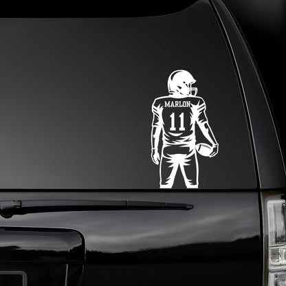 Custom football player vinyl car decal showing a personalized jersey number in five color options, designed for vehicle windows.