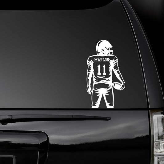 Custom football player vinyl car decal showing a personalized jersey number in five color options, designed for vehicle windows.