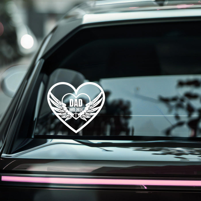 Orange vinyl dad memorial decal with heart wing design, customizable name and dates, 6-inch size, available in 9 colors.
