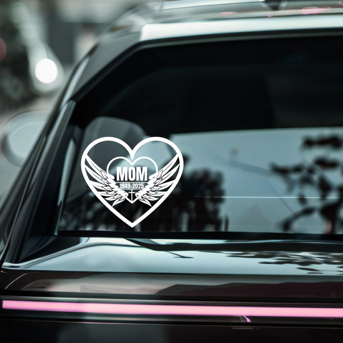 Mom Memorial Decal by Nostalgi Factory featuring angel wings and heart design in 5 colors, custom name and dates vinyl car decal.