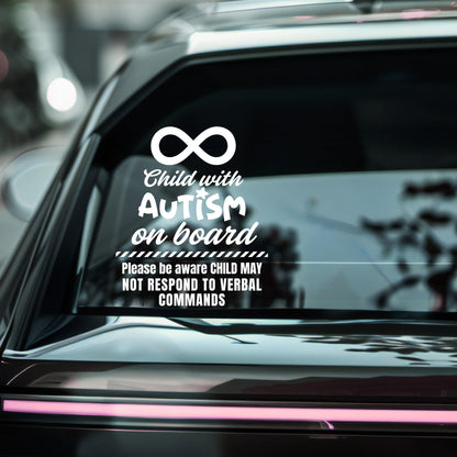 Autism awareness car decal showing a child with autism on board warning vinyl sticker in various colors, made by Nostalgi Factory.