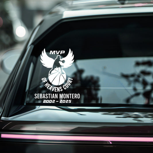 Custom vinyl decal featuring a basketball MVP car memorial design by Nostalgi Factory, with personalized text and graphics.