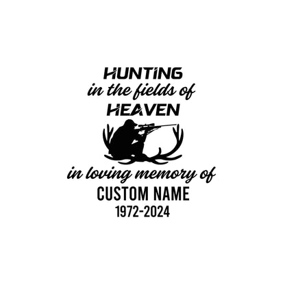 Waterproof vinyl hunting memorial decal with custom name and dates, designed by Nostalgi Factory.