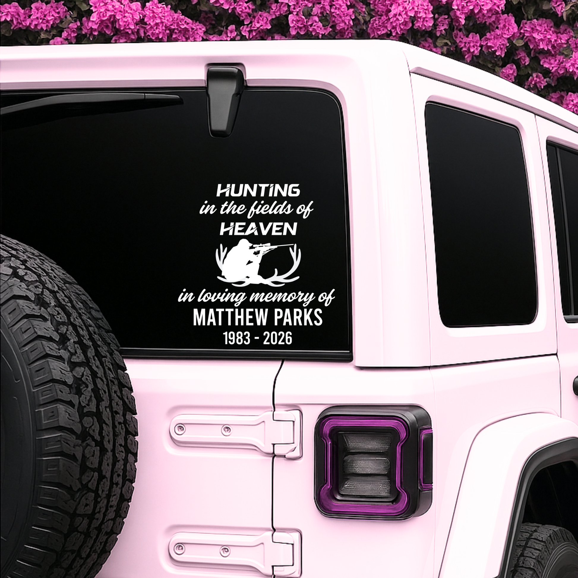 Custom waterproof vinyl hunting memorial decal with name and dates on a Jeep, designed by Nostalgi Factory.