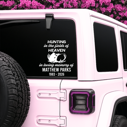 Custom waterproof vinyl hunting memorial decal with name and dates on a Jeep, designed by Nostalgi Factory.
