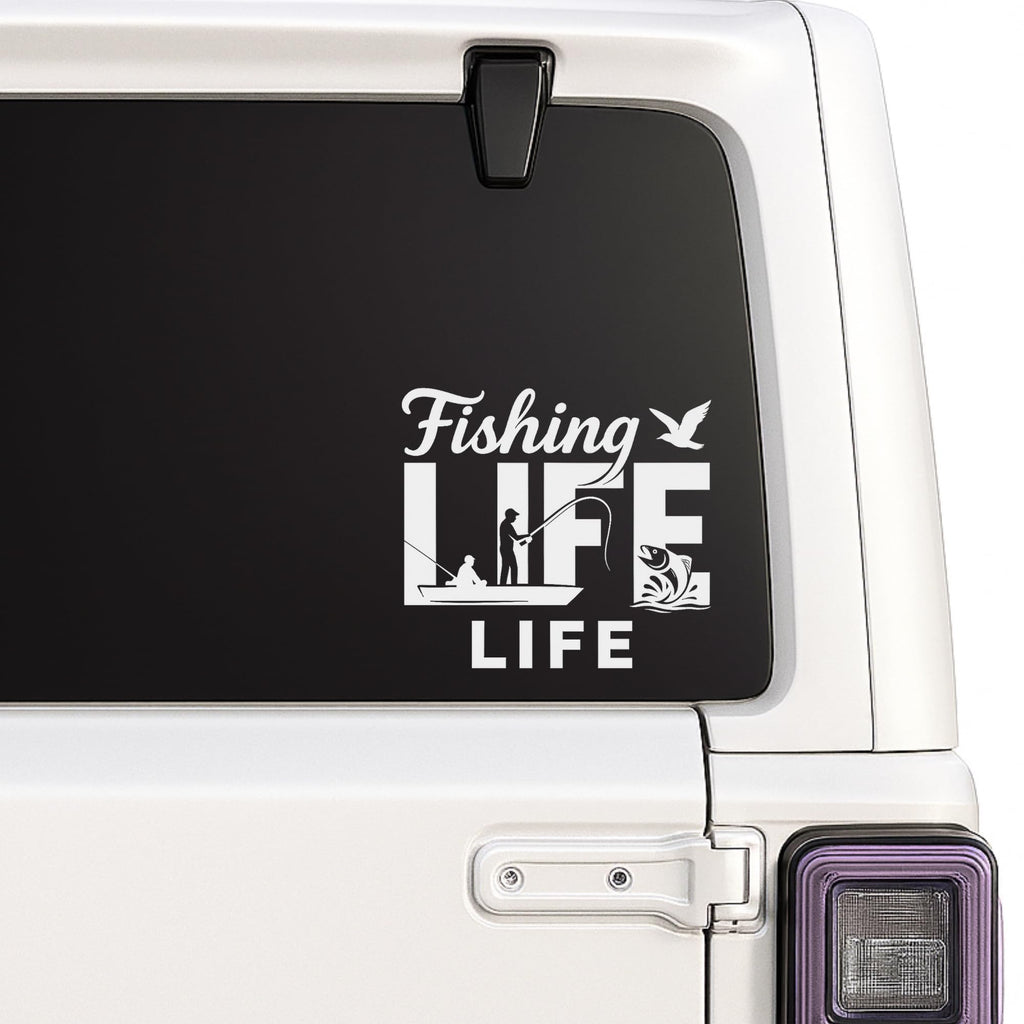 Custom fishing memorial decal with fisherman silhouette, personalized name and dates, available in 12 vinyl colors.