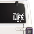 Custom fishing memorial decal with fisherman silhouette, personalized name and dates, available in 12 vinyl colors.