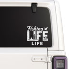 Custom fishing memorial decal with fisherman silhouette, personalized name and dates, available in 12 vinyl colors.