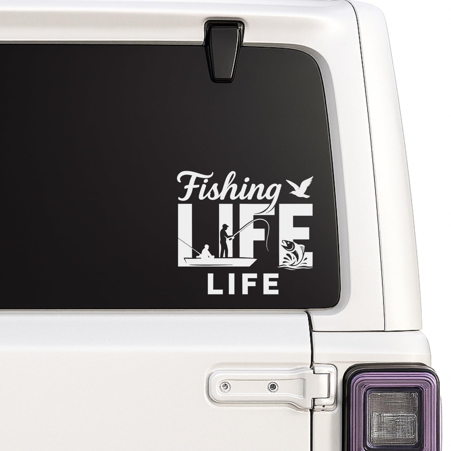 Custom fishing memorial decal with fisherman silhouette, personalized name and dates, available in 12 vinyl colors.