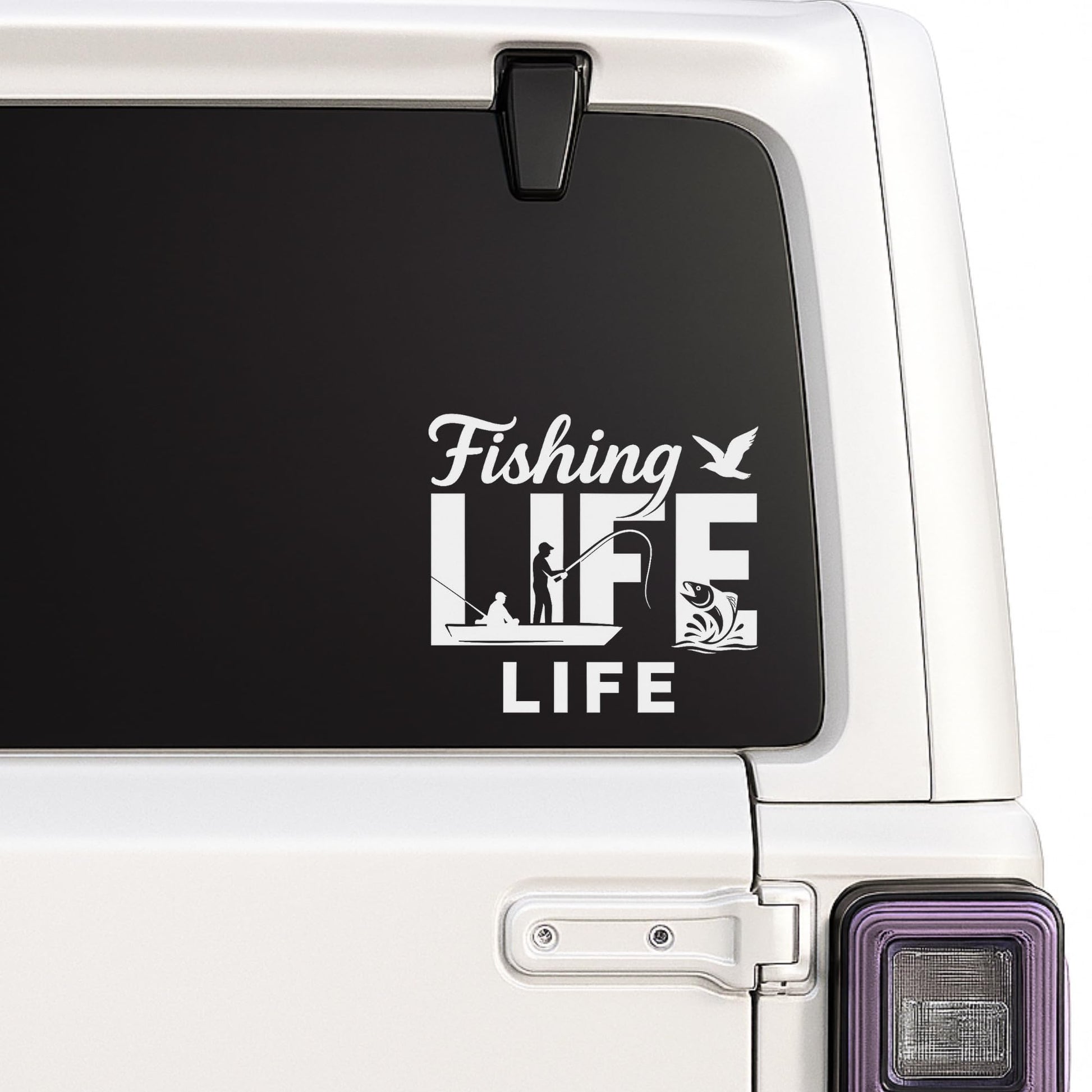 Custom fishing memorial decal with fisherman silhouette, personalized name and dates, available in 12 vinyl colors.