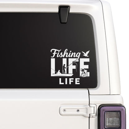 Custom fishing memorial decal with fisherman silhouette, personalized name and dates, available in 12 vinyl colors.