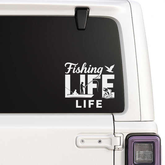 Custom fishing memorial decal with fisherman silhouette, personalized name and dates, available in 12 vinyl colors.