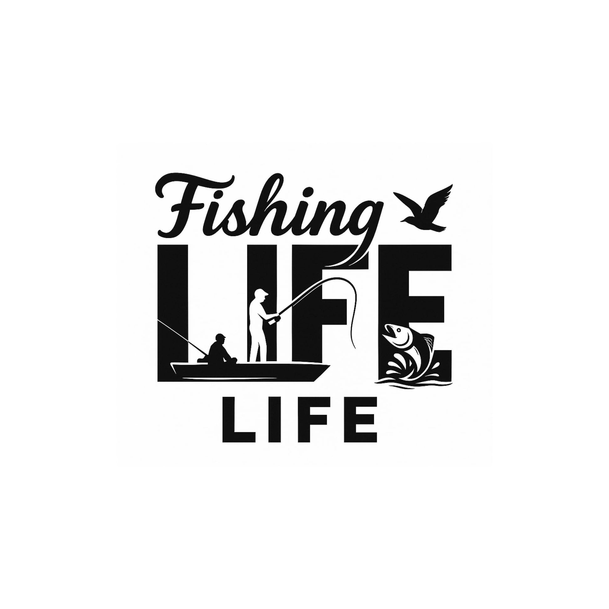 Custom fishing memorial decal featuring fisherman silhouette, name, and dates in 12 available colors, made of durable vinyl.