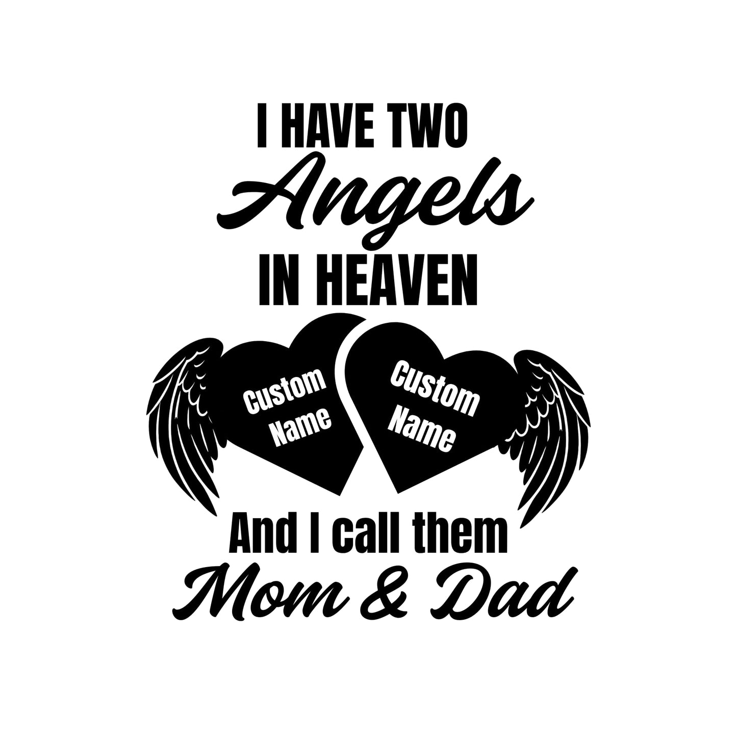 White Memorial Vinyl Decal of Two Angels in Heaven for Mom and Dad, waterproof and customizable, by Nostalgi Factory.