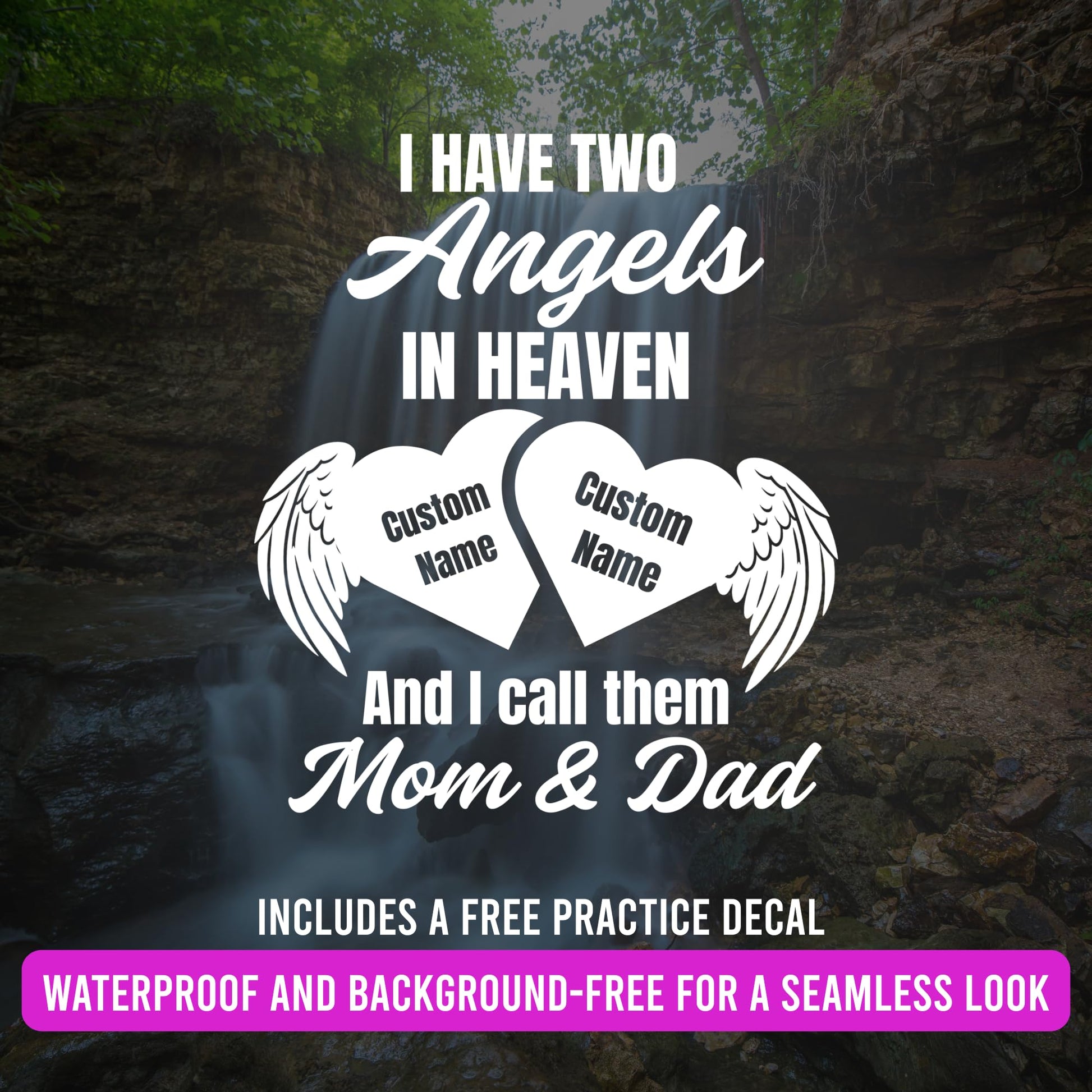 White 6-inch memorial vinyl decal featuring two angels in heaven for Mom and Dad, waterproof and customizable from Nostalgi Factory.