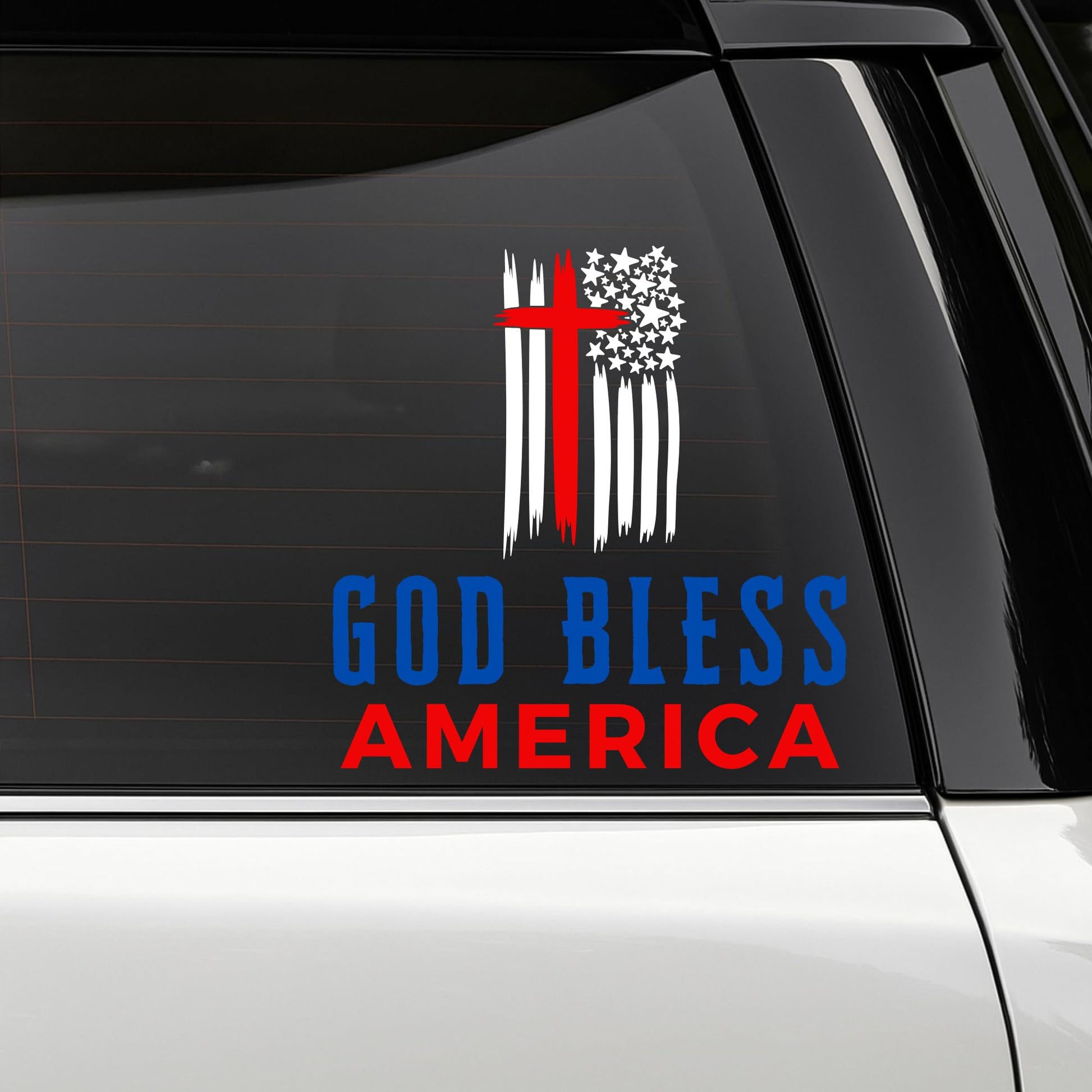 Vinyl decal featuring a patriotic cross flag design with "God Bless America" for car windows, handcrafted in the USA.