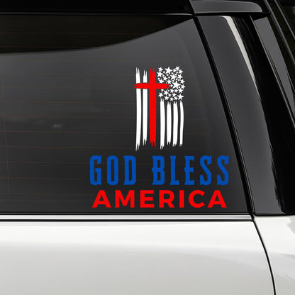 Vinyl decal featuring a patriotic cross flag design with "God Bless America" for car windows, handcrafted in the USA.