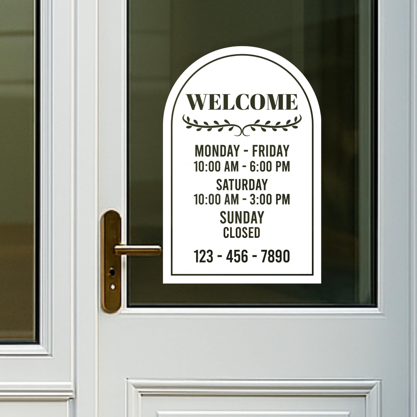 Nostalgi Factory business hours welcome sign vinyl decal with store hours and phone number displayed on a clear background.