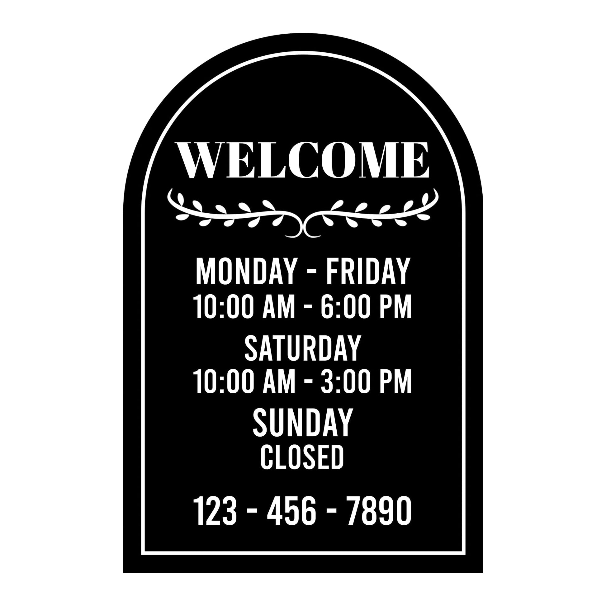 Nostalgi Factory business hours welcome sign vinyl decal with store hours and phone number displayed on a wall