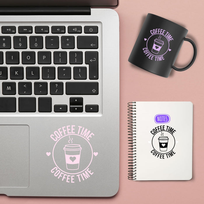 Colorful Coffee Time Mug Vinyl Decal from Nostalgi Factory, suitable for laptops, walls, signs, or notebooks in various sizes.