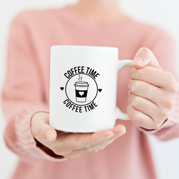 Colorful "Coffee Time" vinyl decal from Nostalgi Factory, suitable for laptops, walls, signs, or notebooks in various sizes.