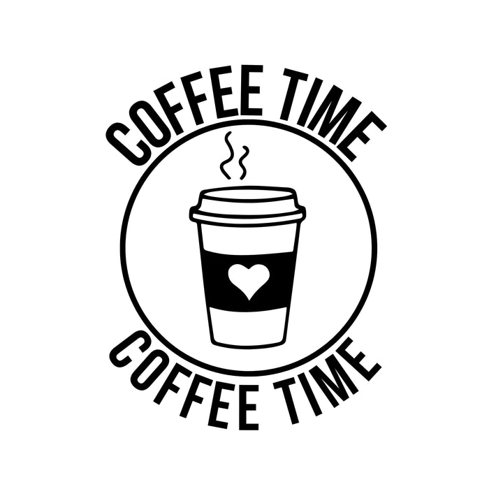 Colorful Coffee Time Mug Vinyl Decal by Nostalgi Factory, suitable for laptops, walls, signs, or notebooks in various sizes.