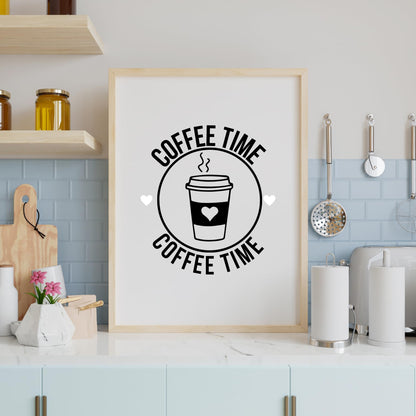 Colorful Coffee Time Mug Vinyl Decal by Nostalgi Factory, suitable for laptops, walls, signs, or notebooks in various sizes.