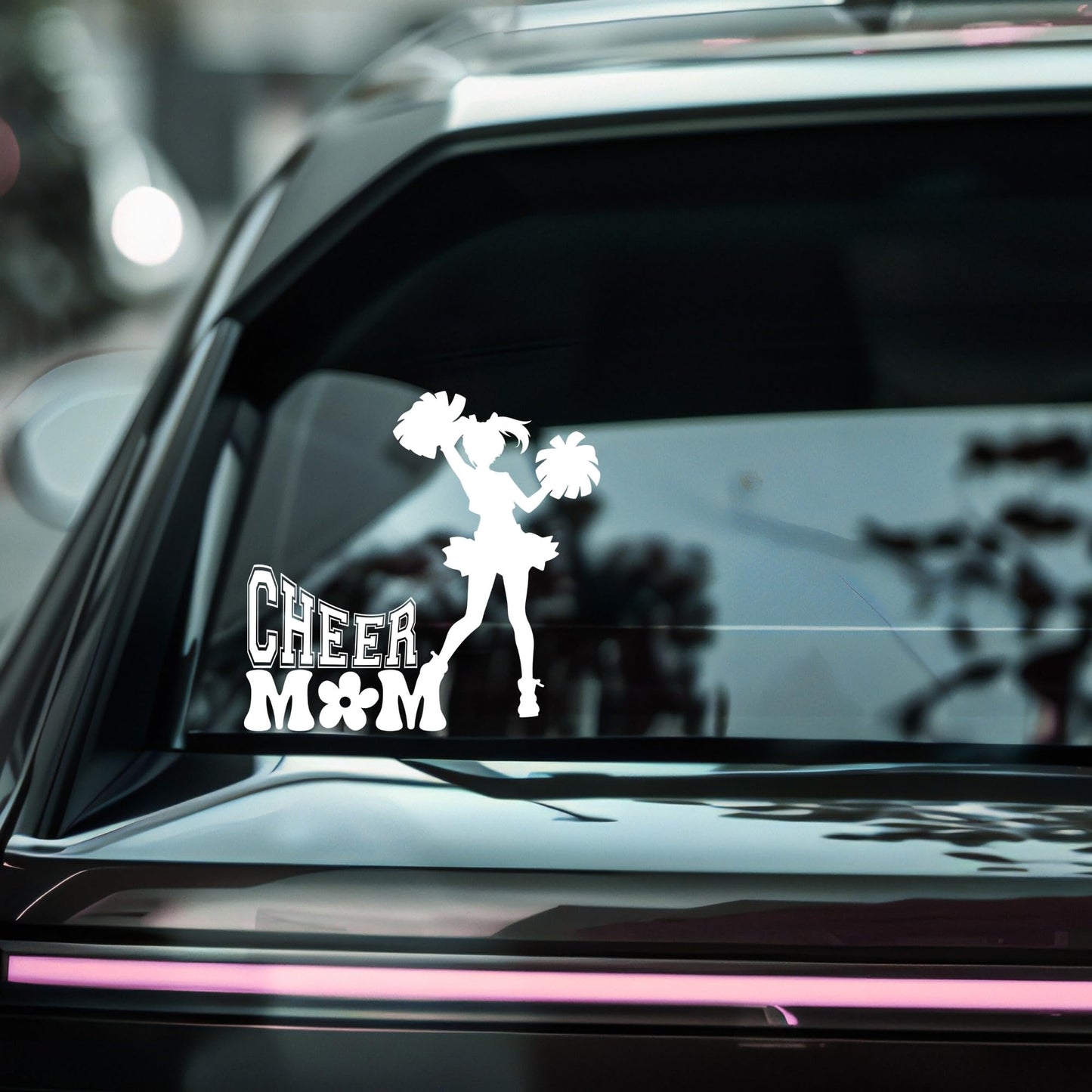 Cheer Mom car decal sticker with cheerleader design by Nostalgi Factory, featuring bold colors and a cheerful cheerleading figure.