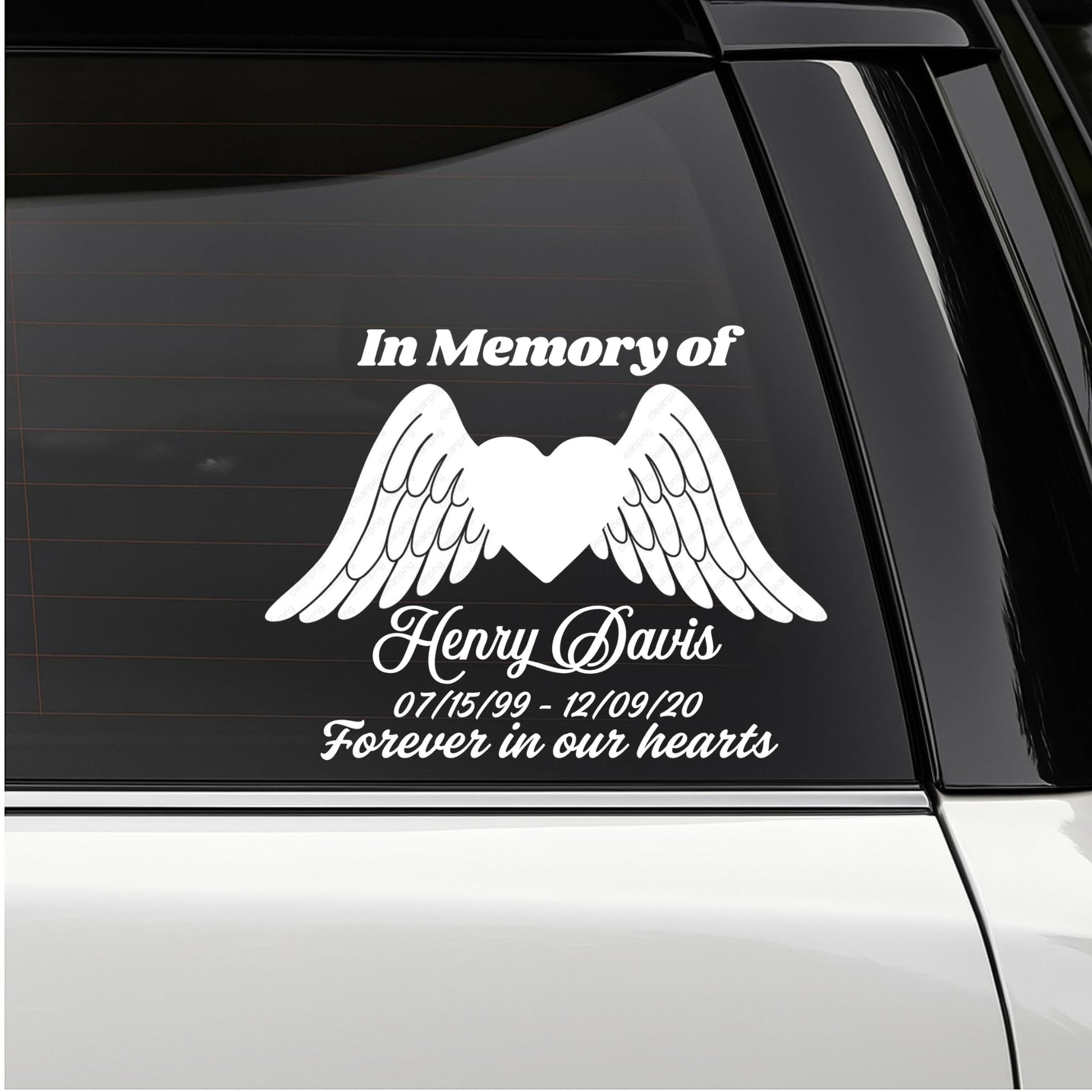 Custom memorial vinyl decal featuring a heart with angel wings, in memory of loved ones, by Nostalgi Factory.