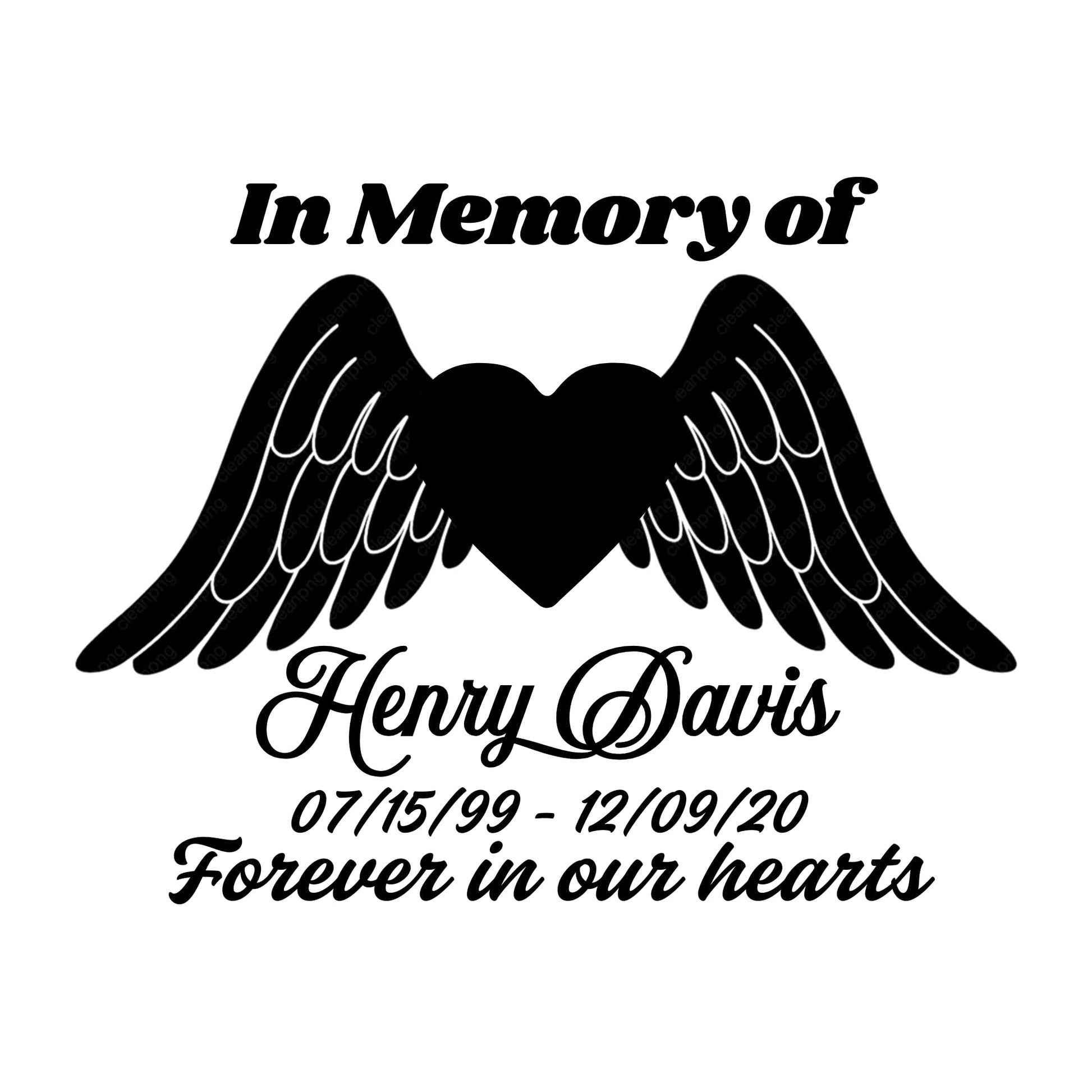 Custom memorial vinyl decal featuring a heart with angel wings design for in memory of car decoration by Nostalgi Factory.