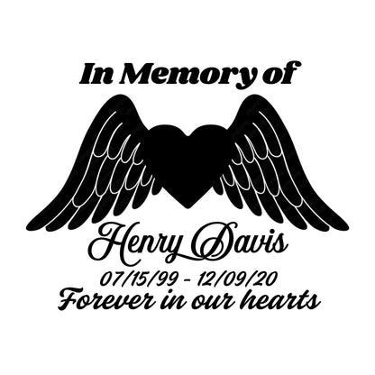 Custom memorial vinyl decal featuring a heart with angel wings design for in memory of car decoration by Nostalgi Factory.