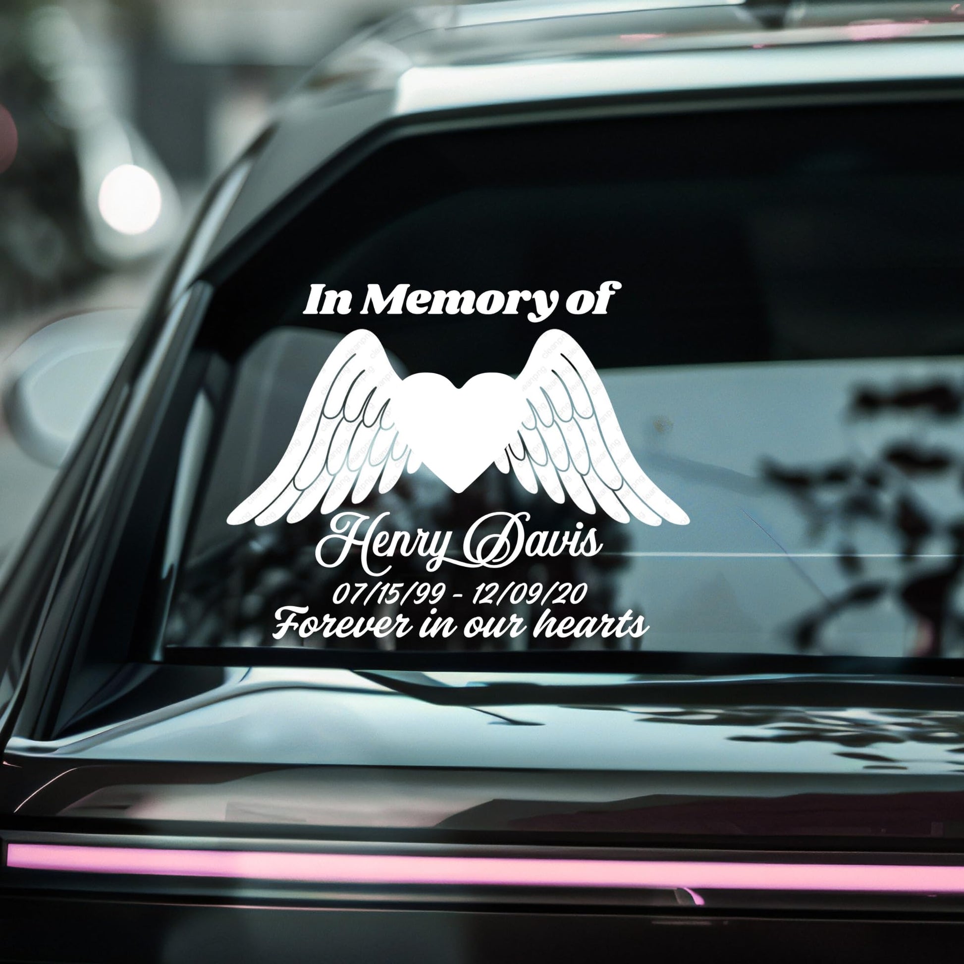 Custom memorial vinyl decal featuring a heart with angel wings design for in memory of car decoration by Nostalgi Factory