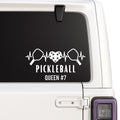 Custom pickleball heartbeat vinyl car decal with paddle and heart design, perfect for windows, bumpers, and pickleball enthusiasts.