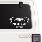 Custom pickleball heartbeat vinyl car decal with paddle and heart design, perfect for windows, bumpers, and pickleball enthusiasts.