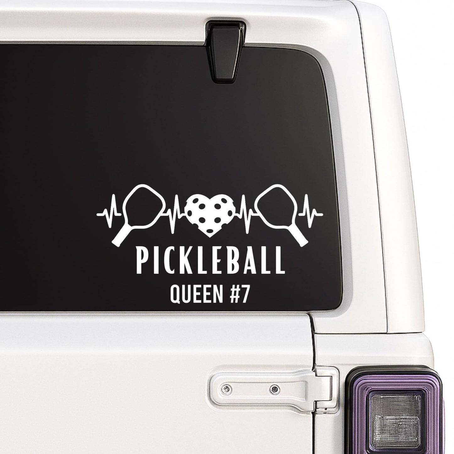 Custom pickleball heartbeat vinyl car decal with paddle and heart design, perfect for windows, bumpers, and pickleball enthusiasts.