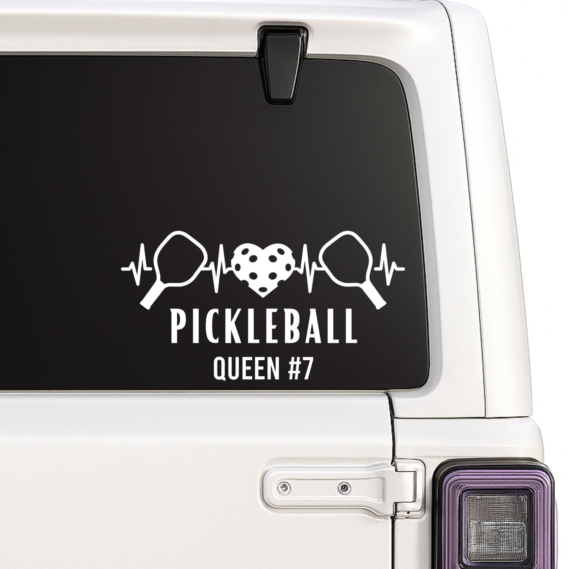 Custom pickleball heartbeat vinyl car decal with paddle and heart design, perfect for windows, bumpers, and pickleball enthusiasts.