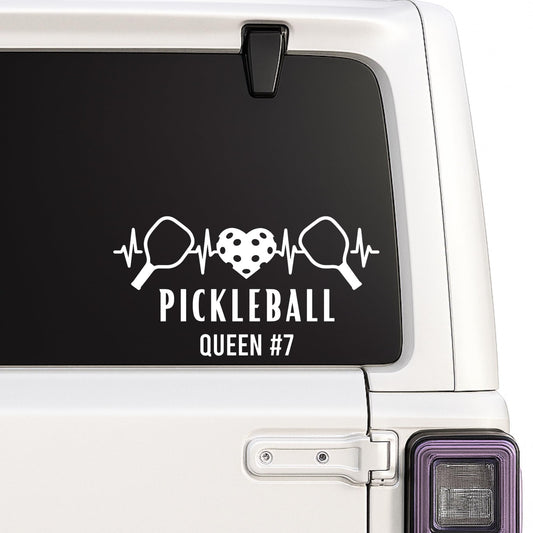 Custom pickleball heartbeat vinyl car decal with paddle and heart design, perfect for windows, bumpers, and pickleball enthusiasts.