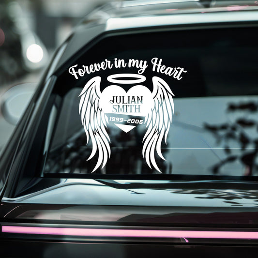 Waterproof vinyl memorial decal from Nostalgi Factory with custom name and angel wings design, for remembrance or memorial purposes.