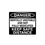 Funny warning vinyl car decal with "Mentally Unstable" design in multiple colors, suitable for car windows from Nostalgi Factory.