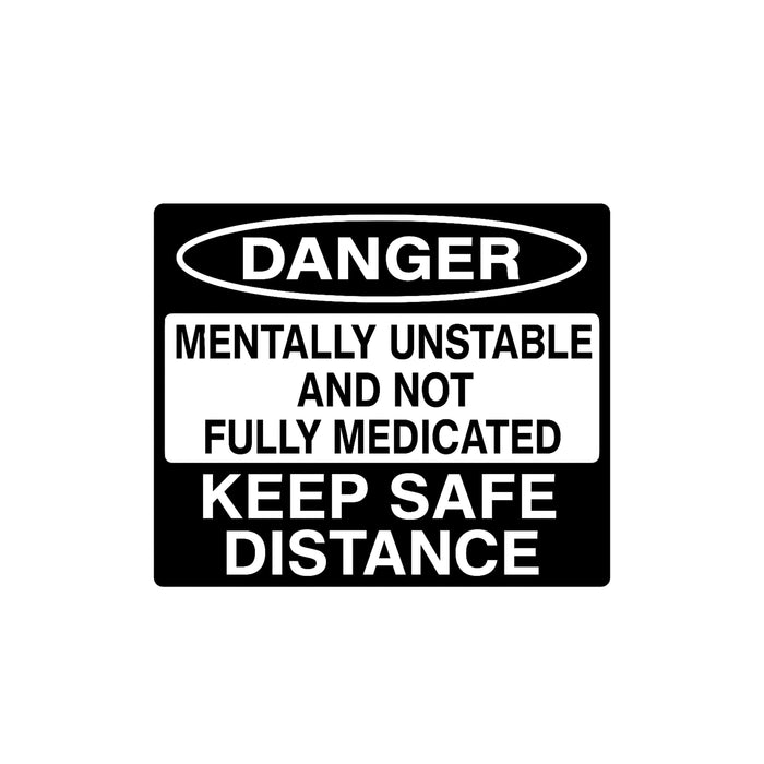 Funny warning vinyl car decal with "Mentally Unstable" design in multiple colors, suitable for car windows from Nostalgi Factory.