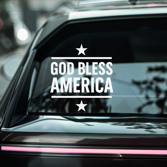 God Bless America patriotic car decal with stars, vinyl window sticker featuring permanent adhesive from Nostalgi Factory.